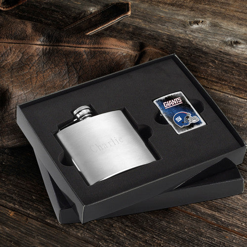NFL Lighter and Brushed Flask Gift Set - New York Giants