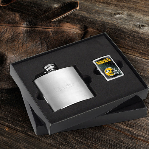 NFL Lighter and Brushed Flask Gift Set - Packers