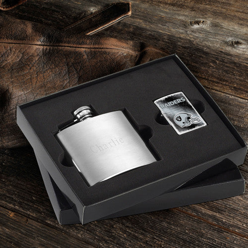 NFL Lighter and Brushed Flask Gift Set - Raiders