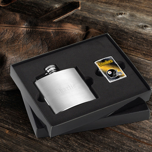NFL Lighter and Brushed Flask Gift Set - Steelers